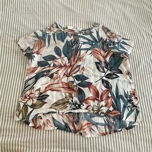 Floral Short-Sleeve Linen top in Cream with Teal & Rust C&C California 2X